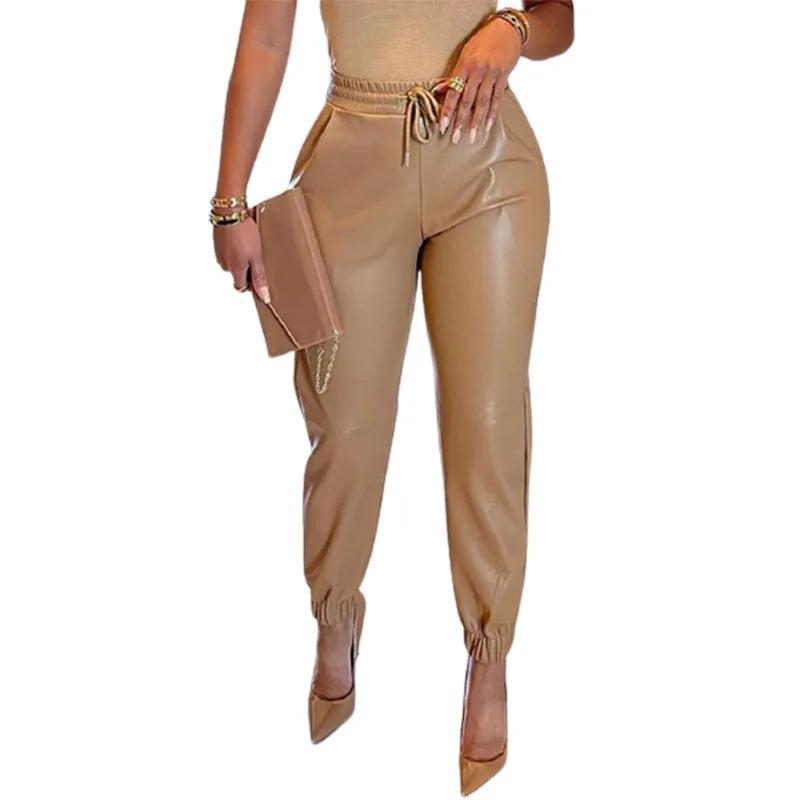 Women's Faux Leather Elastic Waist Vintage Casual Loose Fit Trousers