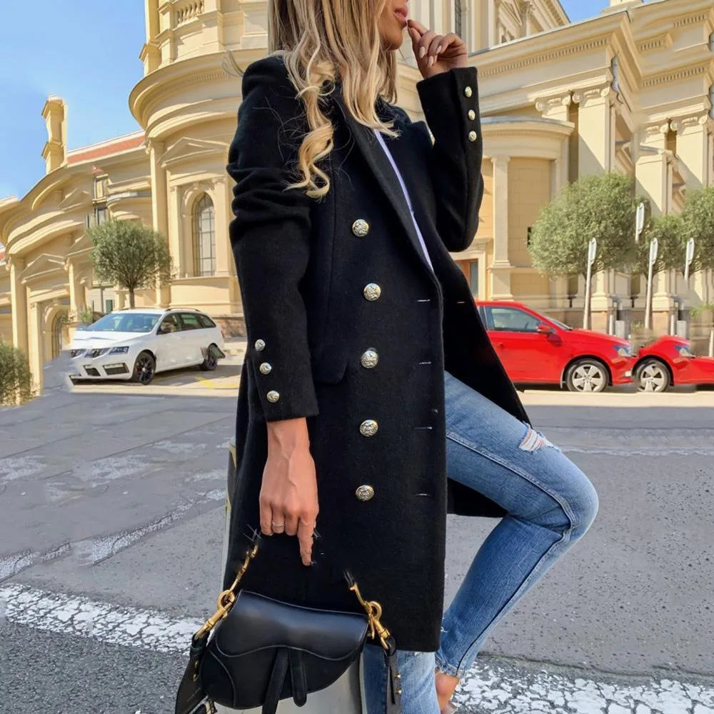 Women Solid Color Button Down Slim Sleeve Long Winter Coat