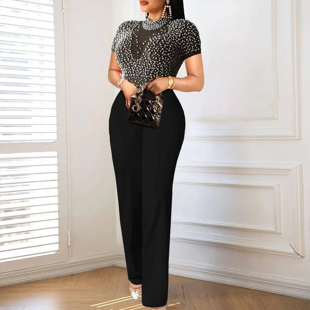 Elegant Women O Neck Short Sleeve Beaded High Waisted Luxury Jumpsuit