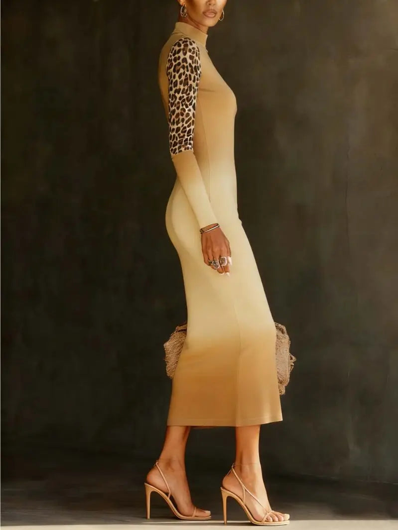 Women Elegant Slim Fit Mid Length Long Sleeve Slimming Waistband Dress