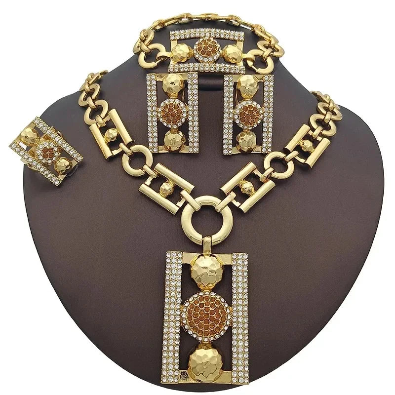 Women Rhinestone Luxury Design Rectangle Shape Necklace Bracelet Earring Ring Set