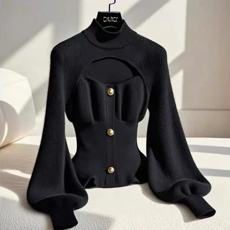 Black High-Neck Knitwear Slimming Waist Designer Sweater