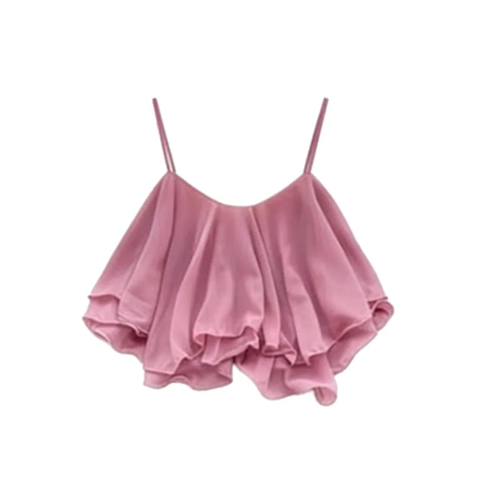 Ruffled Chiffon Spaghetti Strap Flowy Crop Top