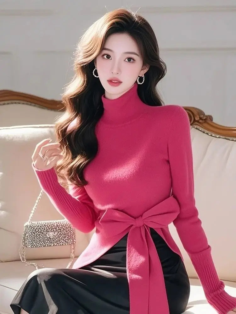 Women's French Style High Neck Irregular Knit Sweater w/ Bow Detail