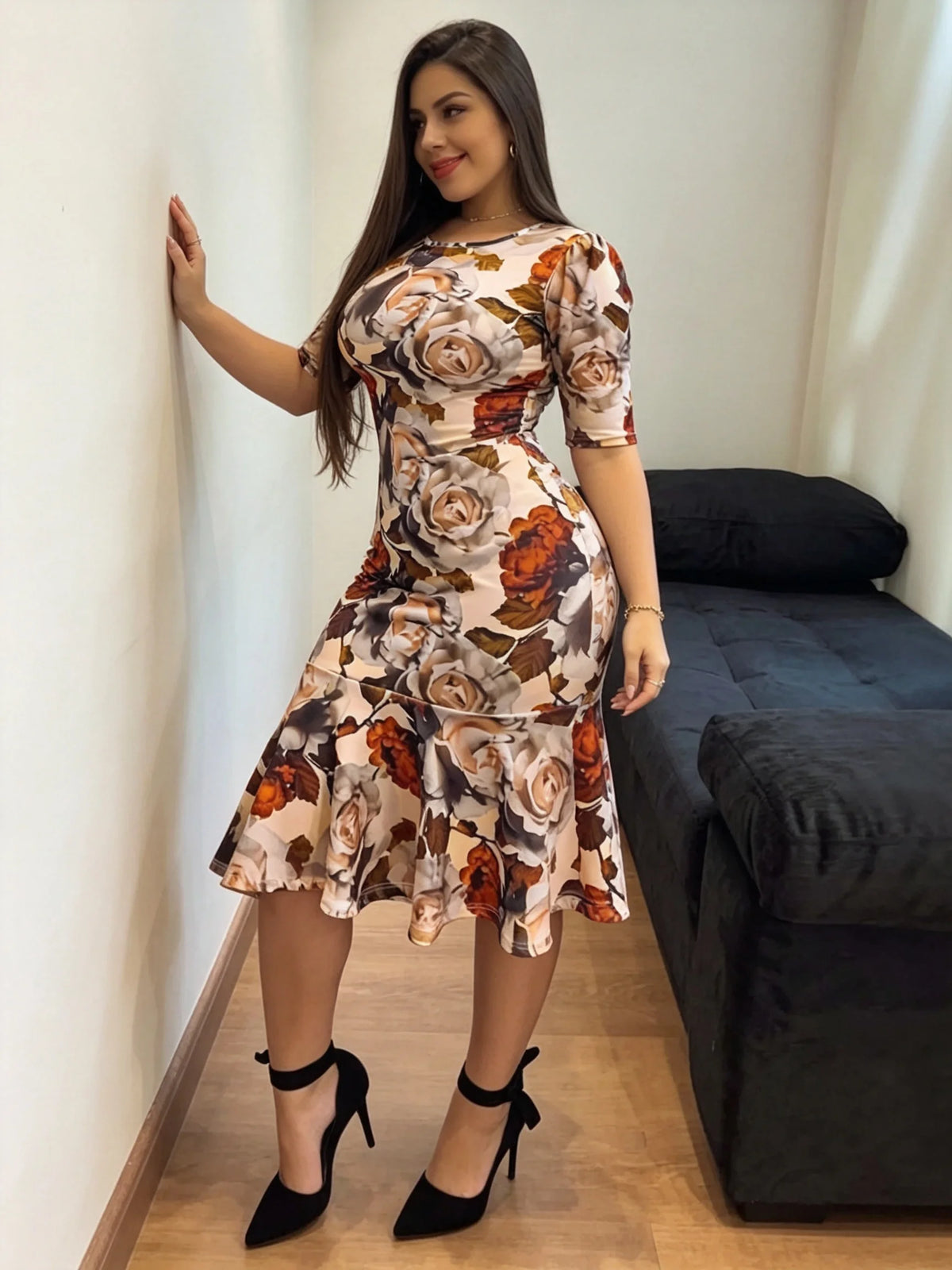 Women's Slim Fit Round Neck Autumn Floral Printed Slimming Dress