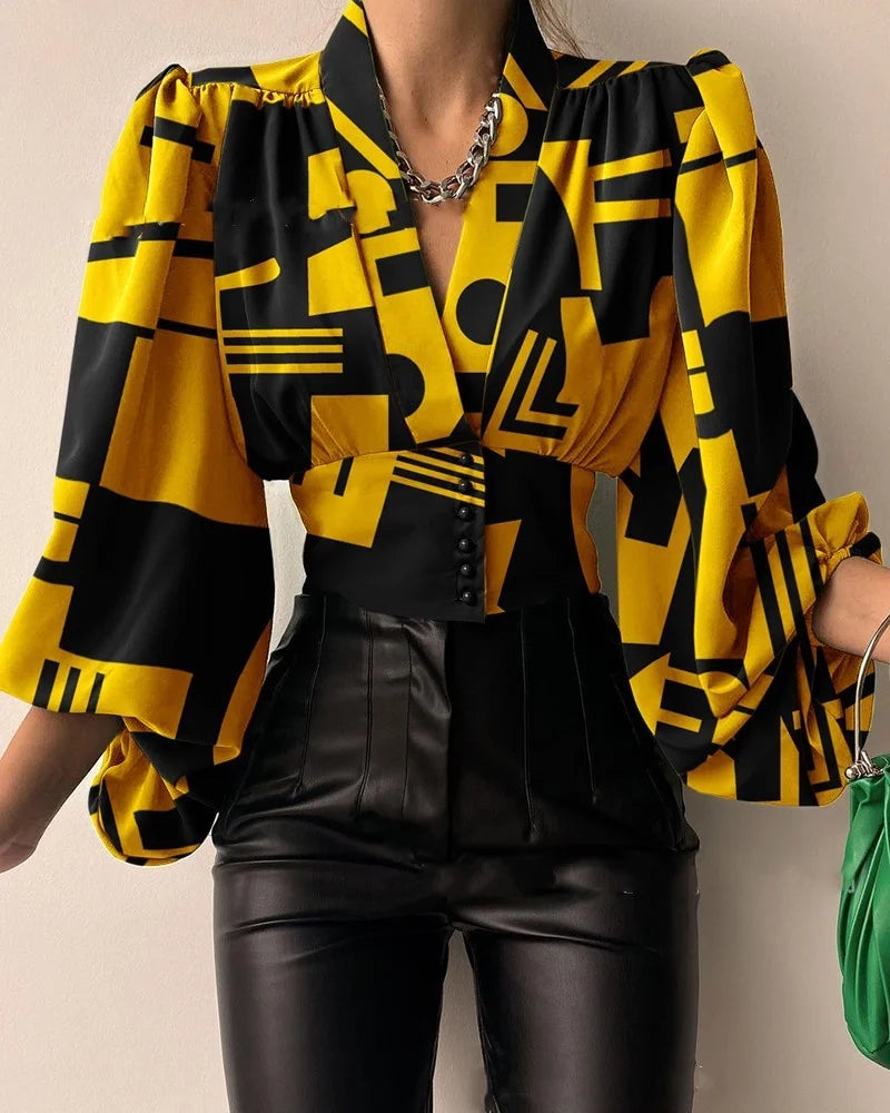 Designer V Neck Slim Fit Cropped Top High Waist Blouse