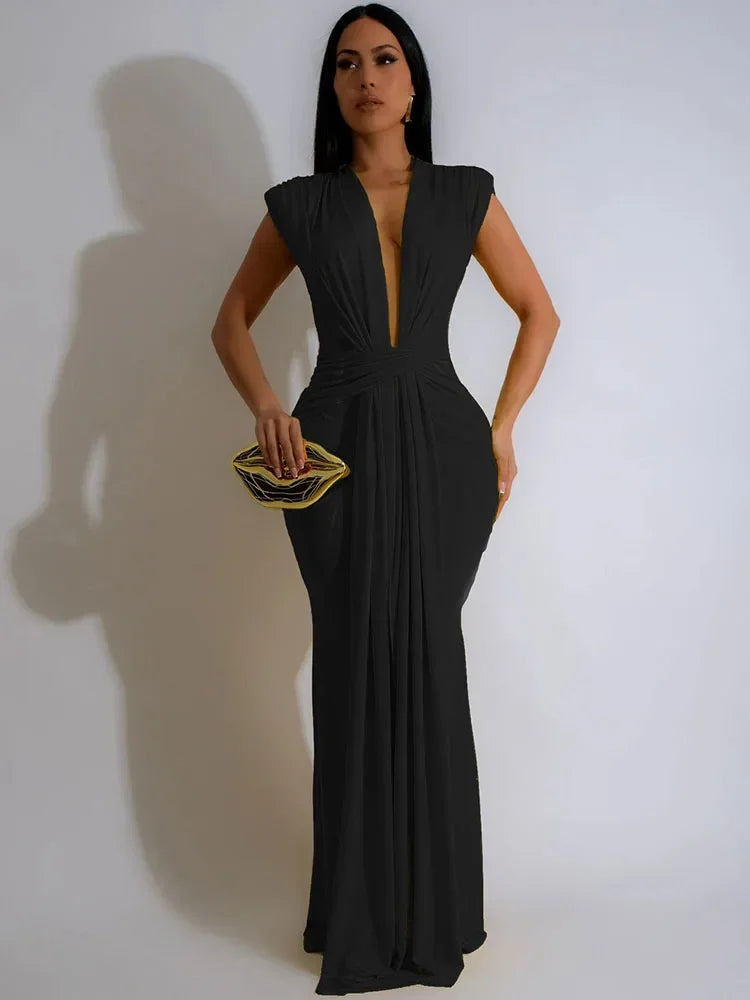 Designer Deep V-Neck Ruched Evening Dress