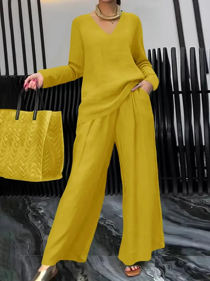 Summer Fashionable V-neck Top+ Long Pants 2 Piece Set