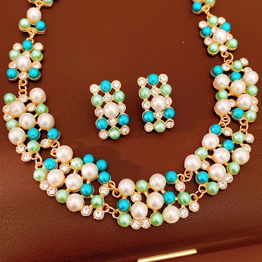 Vintage Pearl Rhinestone Choker Necklace and Earrings Set