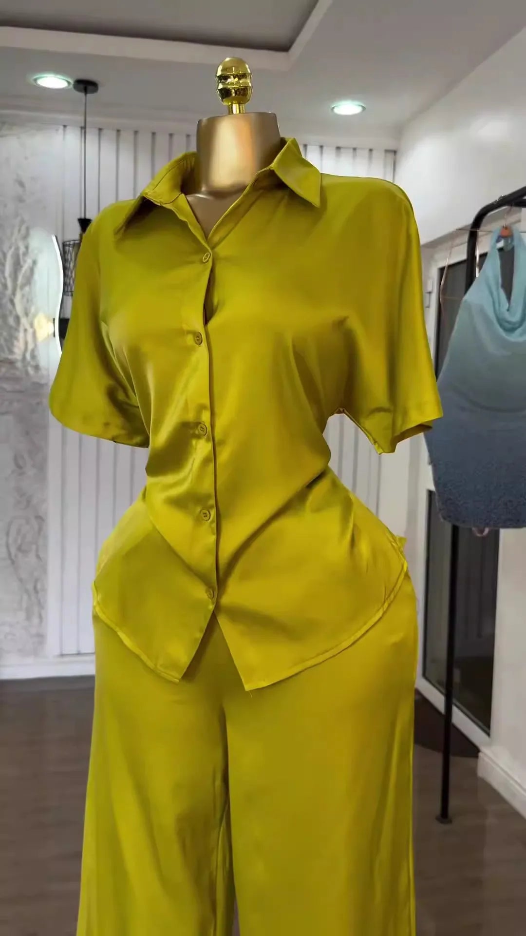 Women Two Piece Turn Down Collar Short Sleeve Shirt & Wide High Waist Leg Long Pants