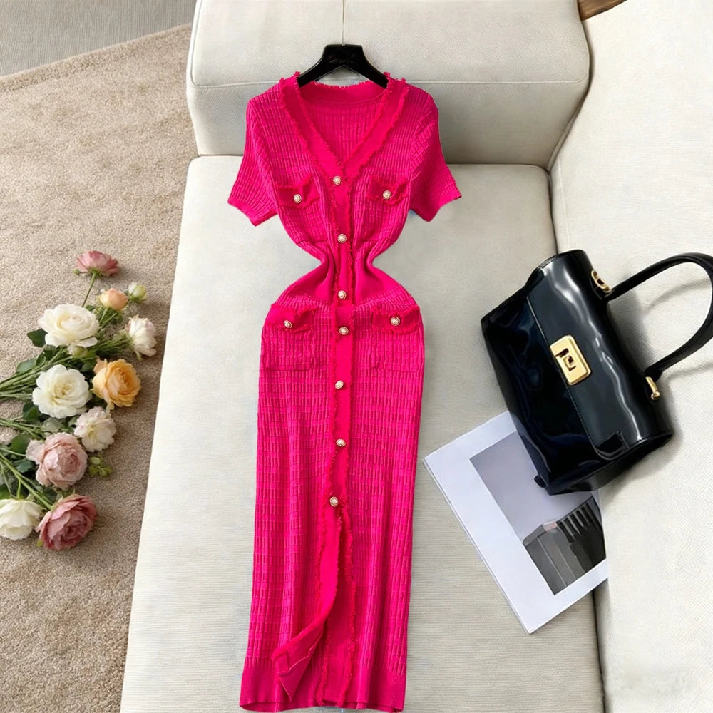 Short Sleeve Designer V-Neck Pearl Button Knitted Dress