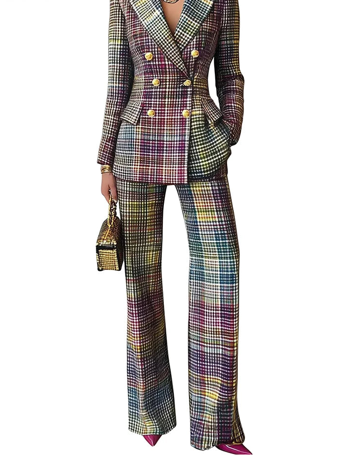Plaid suit with a white background, featuring a brand logo.