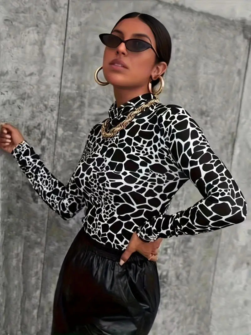 Women's Slim Fit High Neck Long Sleeve Fashionable Slimming Top