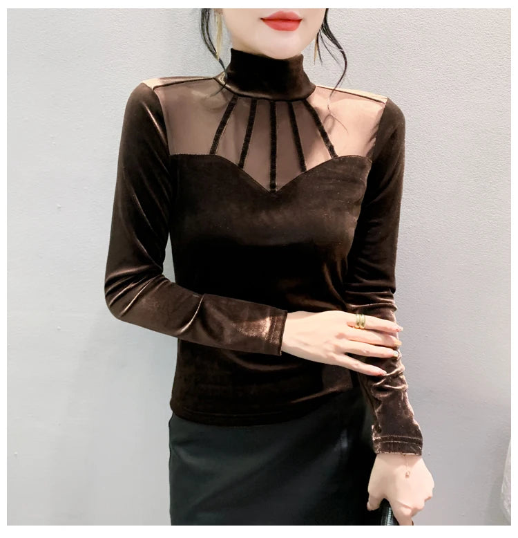 Velvet Mesh Slim T Designer Long Sleeve Turtleneck