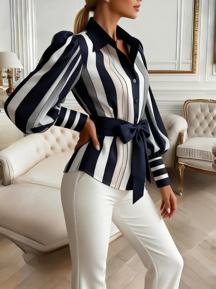 Women's Contrast Color Striped Long Puff Sleeves Belted Blouse