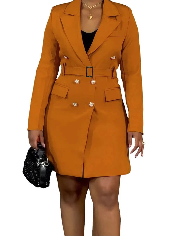 Orange trench coat worn by a model on a white background