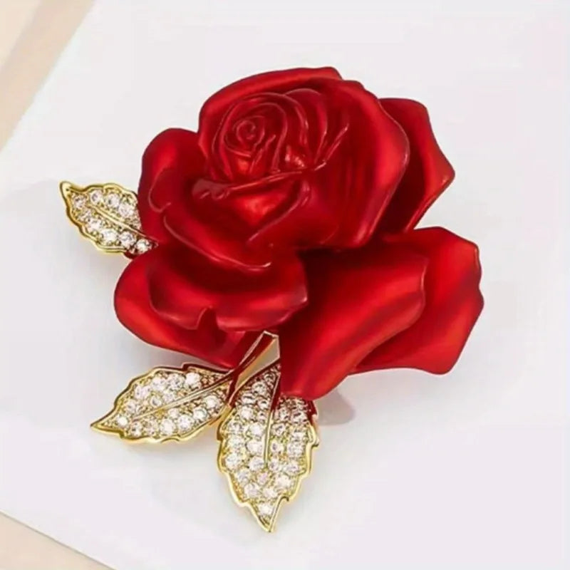 Luxury Rhinestone Red Rose Flower Brooch for Women