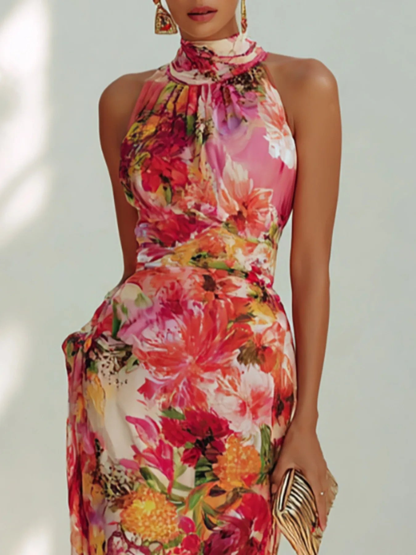 Summer Floral Print Halter Neck Sleeveless Bodycon Chiffon Dress