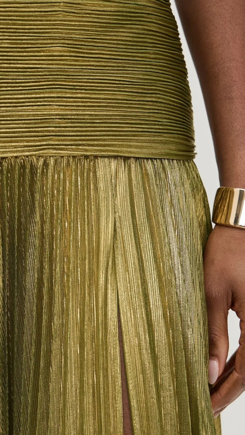 Metallic Gold Off Shoulder Backless Halter Long Dress w/ High Split