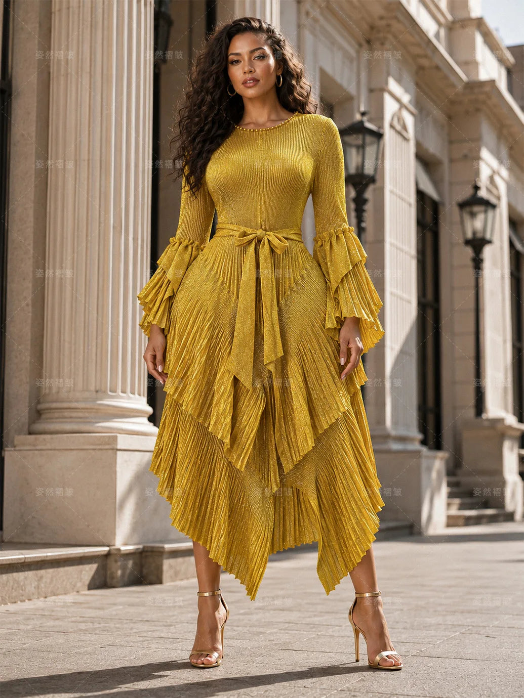 Women Layered Pleated Lace-up Waist-cinching Dress