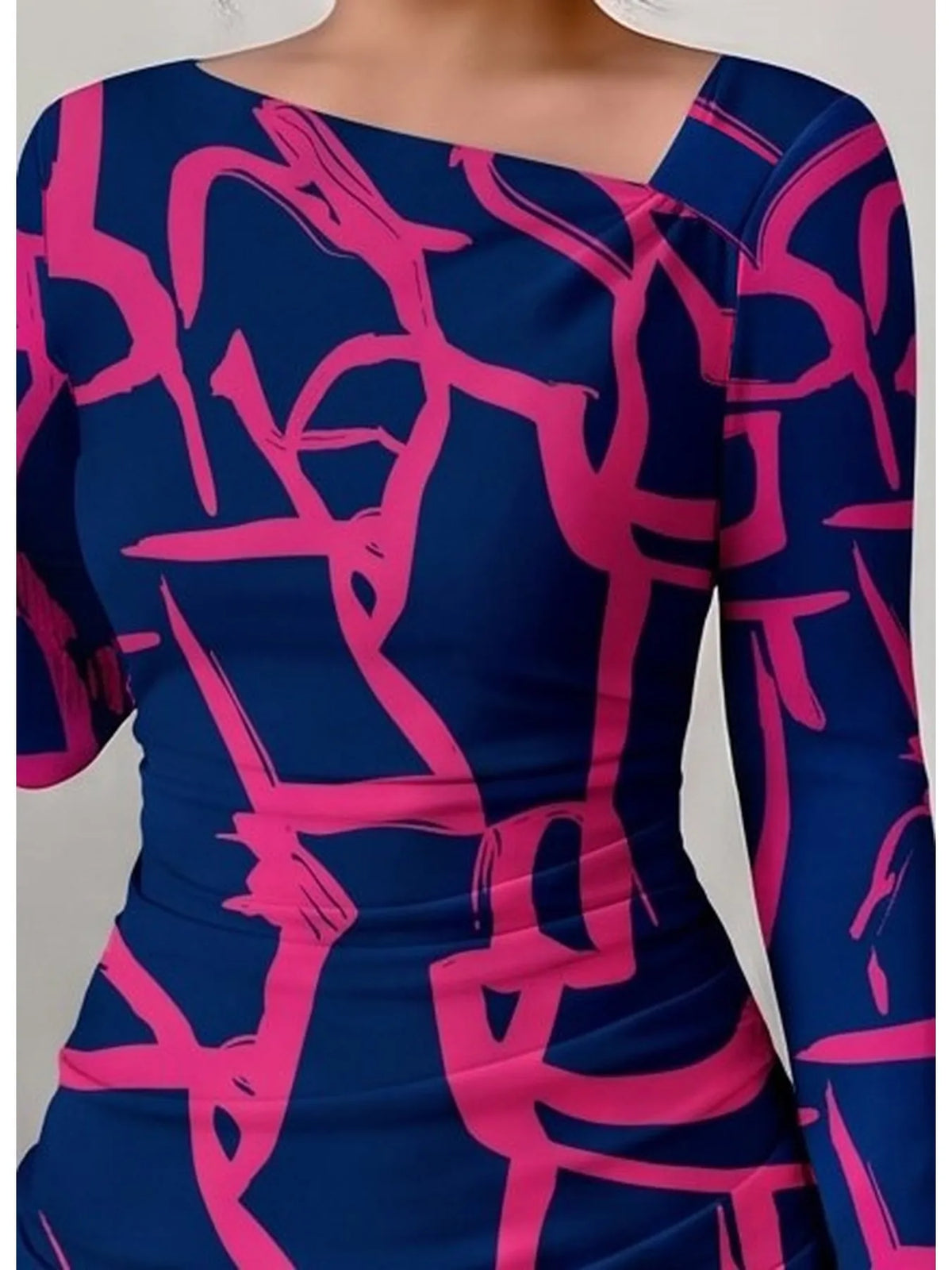 Women's Blue and Magneta Geometric Pattern Long Sleeve Slanted Collar BodyCon Dress