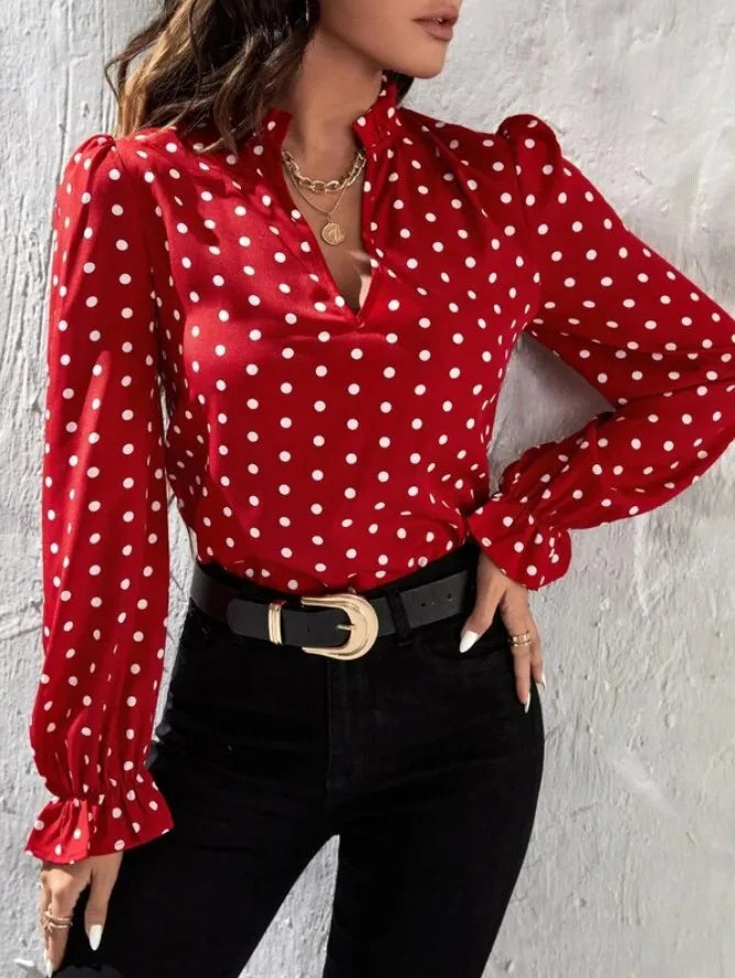 Women's Elegant Professional V-neck Polka Dot Long Sleeved Casual Chiffon Blouse
