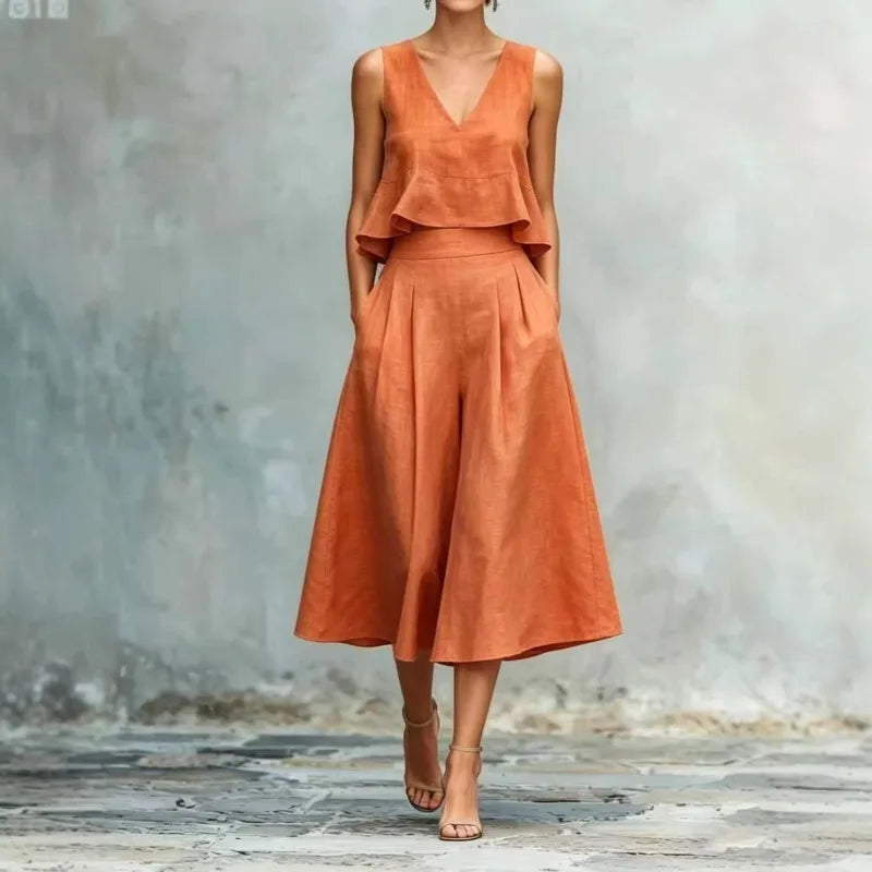 Summer V Neck 2 Piece Sleeveless Ruffle Top High Waist Wide Leg Midi Pants Set