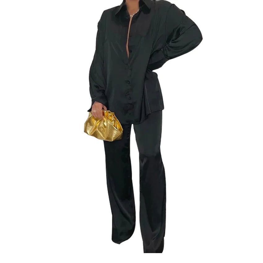 Elegant Satin Women's Long Sleeve Tracksuit And Wide Leg Pants