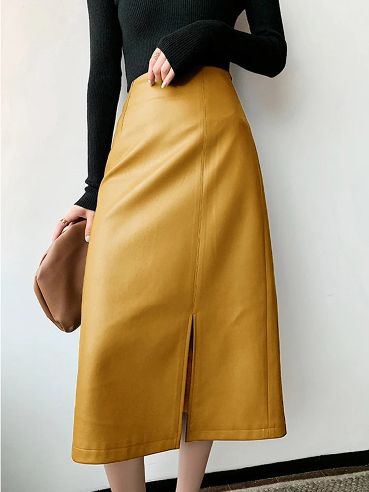 Women Soft Leather High Waist Long Straight Skirt