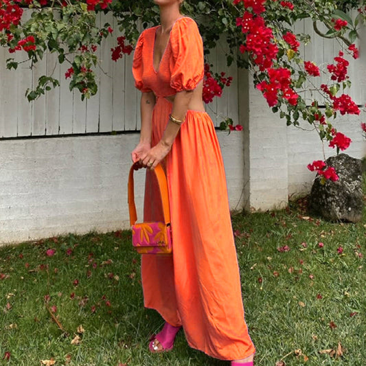 Casual Cutout Ruffle Puff Sleeve Dress