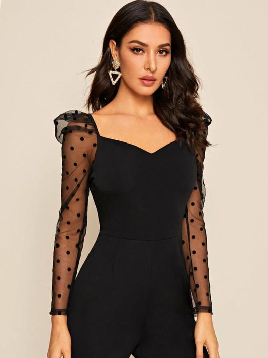 Polka dot mesh long sleeve jumpsuit