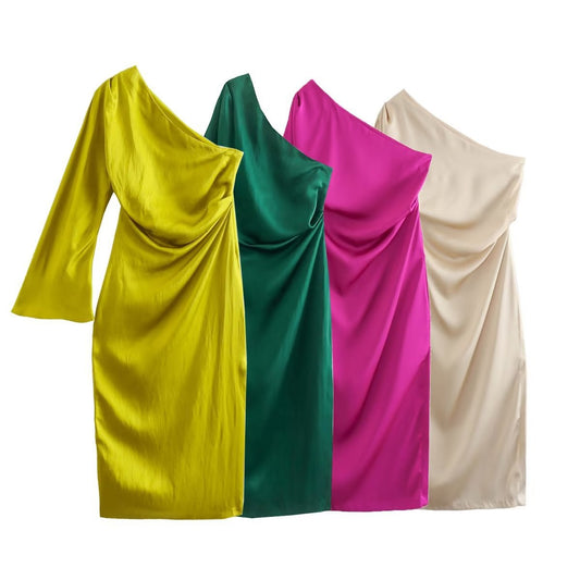 Asymmetric One Shoulder Satin Dress