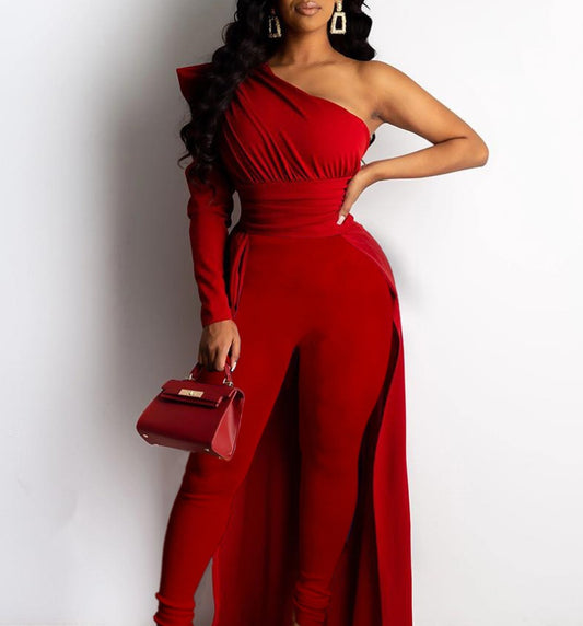Red One-Shoulder Puff Sleeve Skinny Leg Jumpsuit