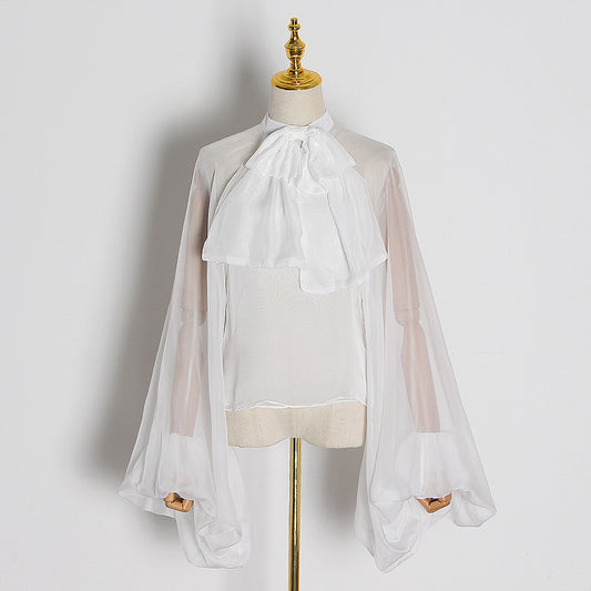 Stand-Up Collar Back Big Lantern Sleeve Blouse