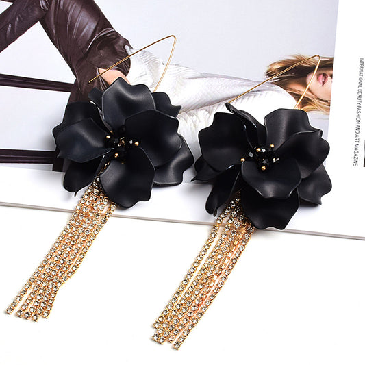 Flower-shaped Long Rhinestone Chain Earrings