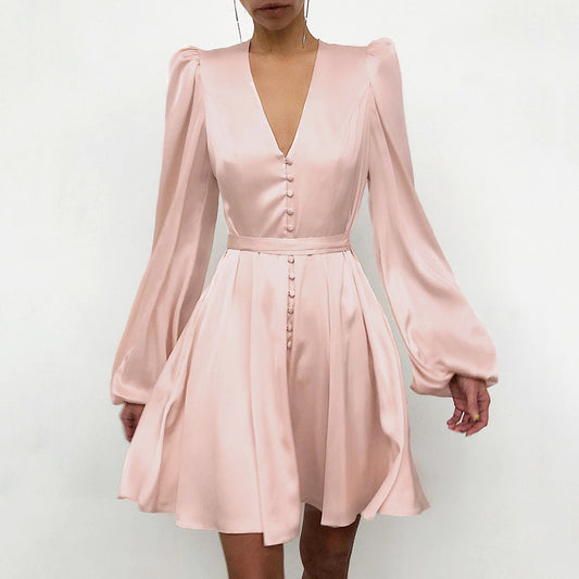 Satin V-Neck Slim Dress