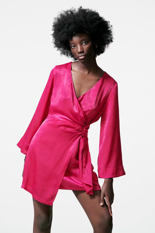 Satin Double Breasted Wrap Dress