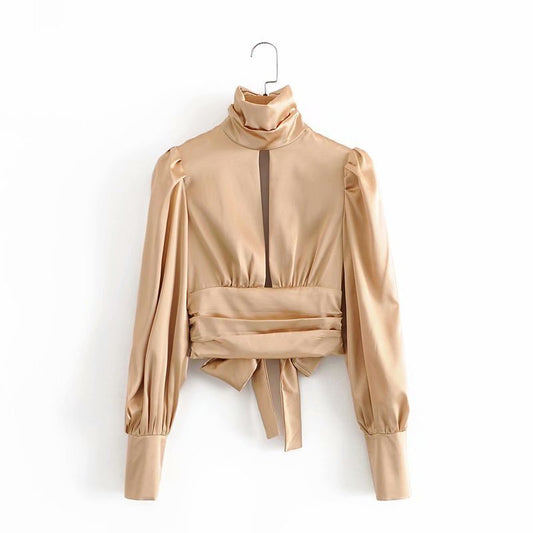 Long sleeve pleated satin back tie blouse