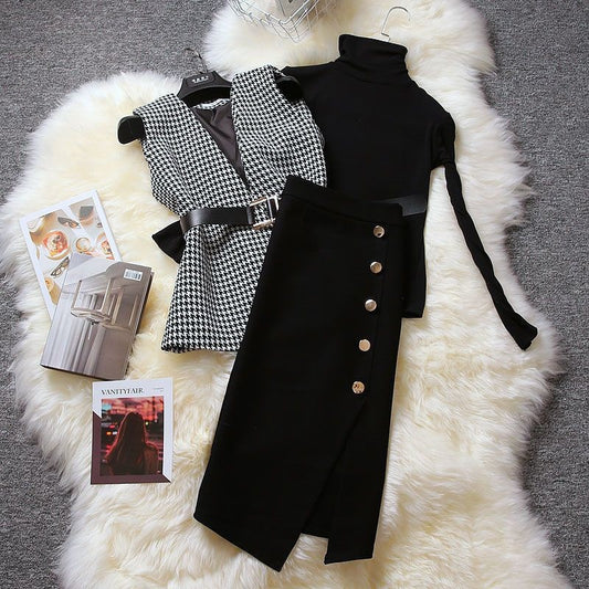 Women's Knitted Vest, Skirt, & Wide-leg Pants Three-piece Suit