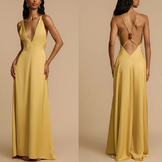 Satin V-Neck Crossover Backless Designer Dress