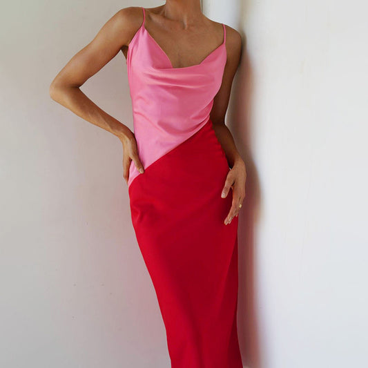 Satin Designer Colorblock Slip Dress