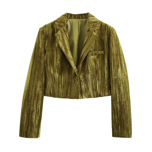 Velvet Long Sleeved Crop Jacket & Wide-leg Pants Suit