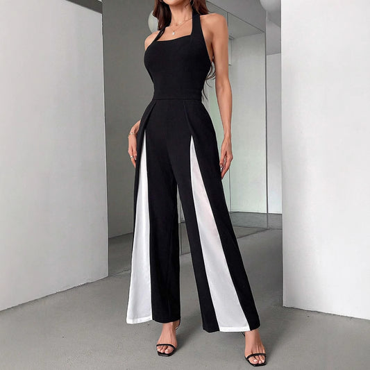 Black Halter & White Pleated Jumpsuit