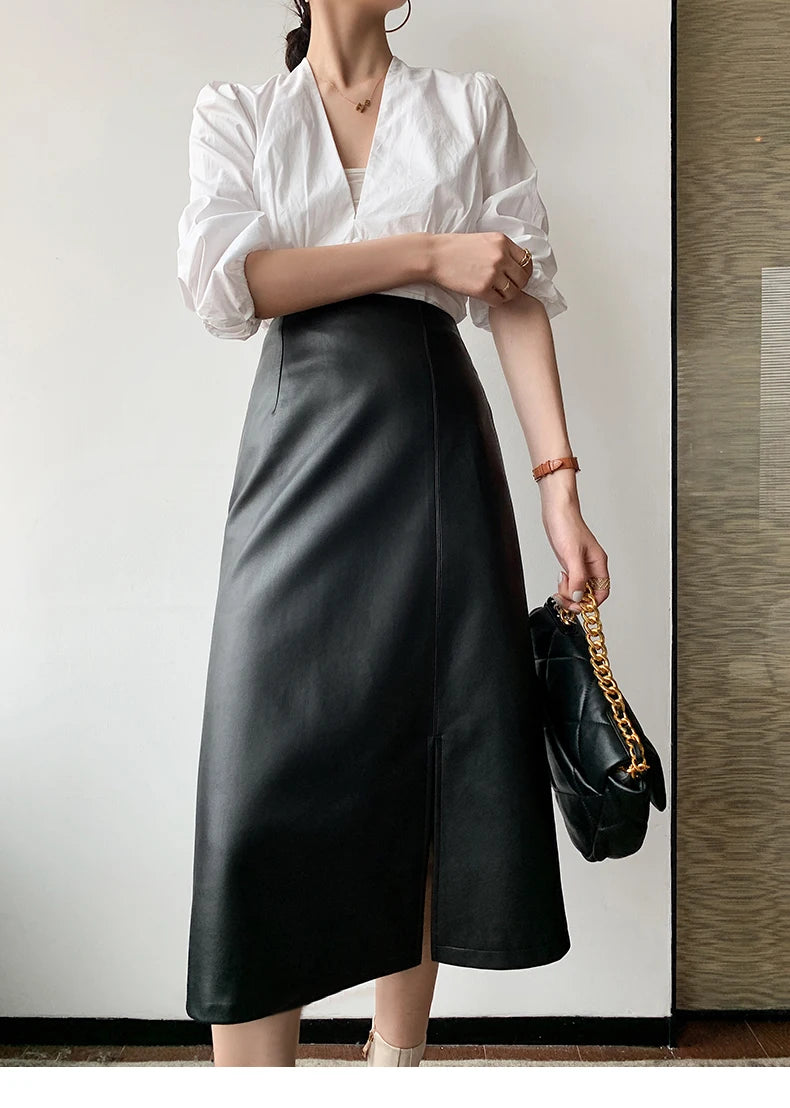 Women Soft Leather High Waist Long Straight Skirt