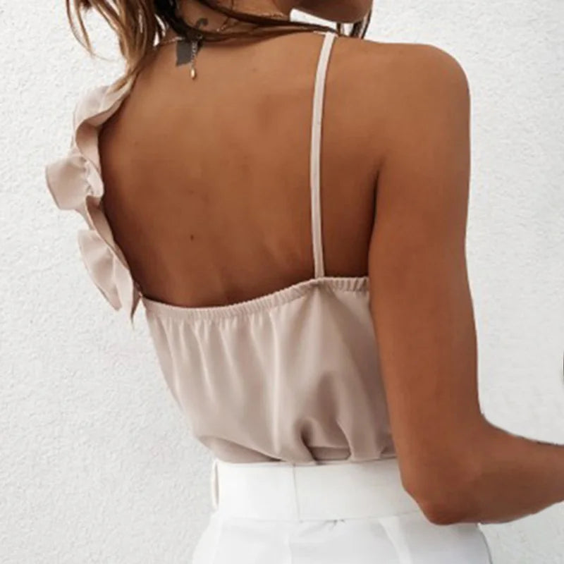Women Sexy V Neck Ruffle Backless Spaghetti Strap Sleeveless Casual Top