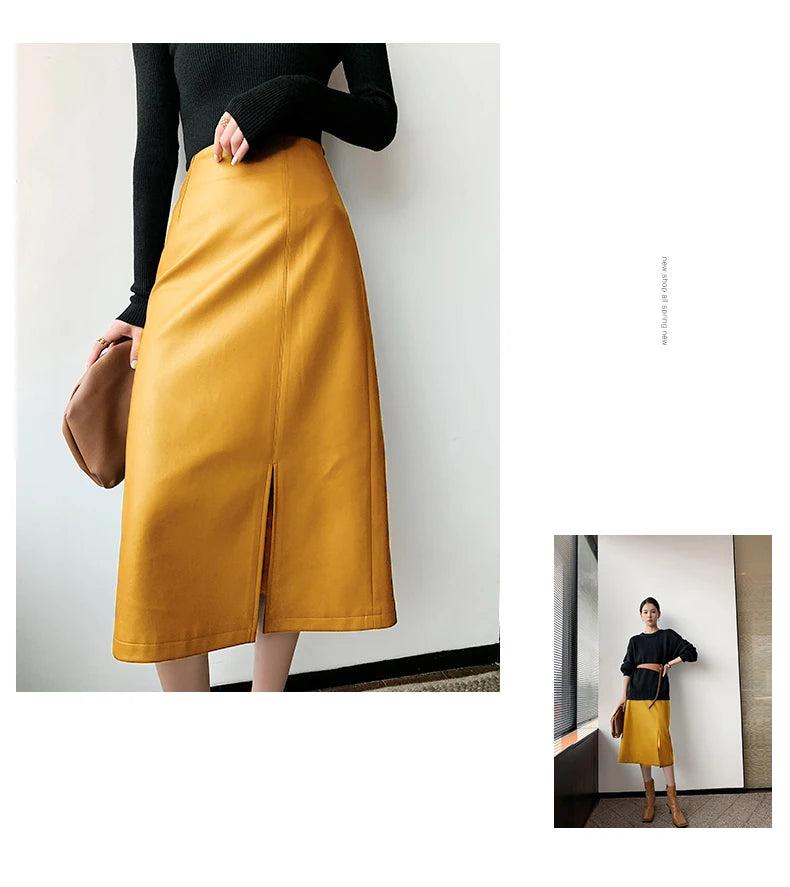 Women Soft Leather High Waist Long Straight Skirt