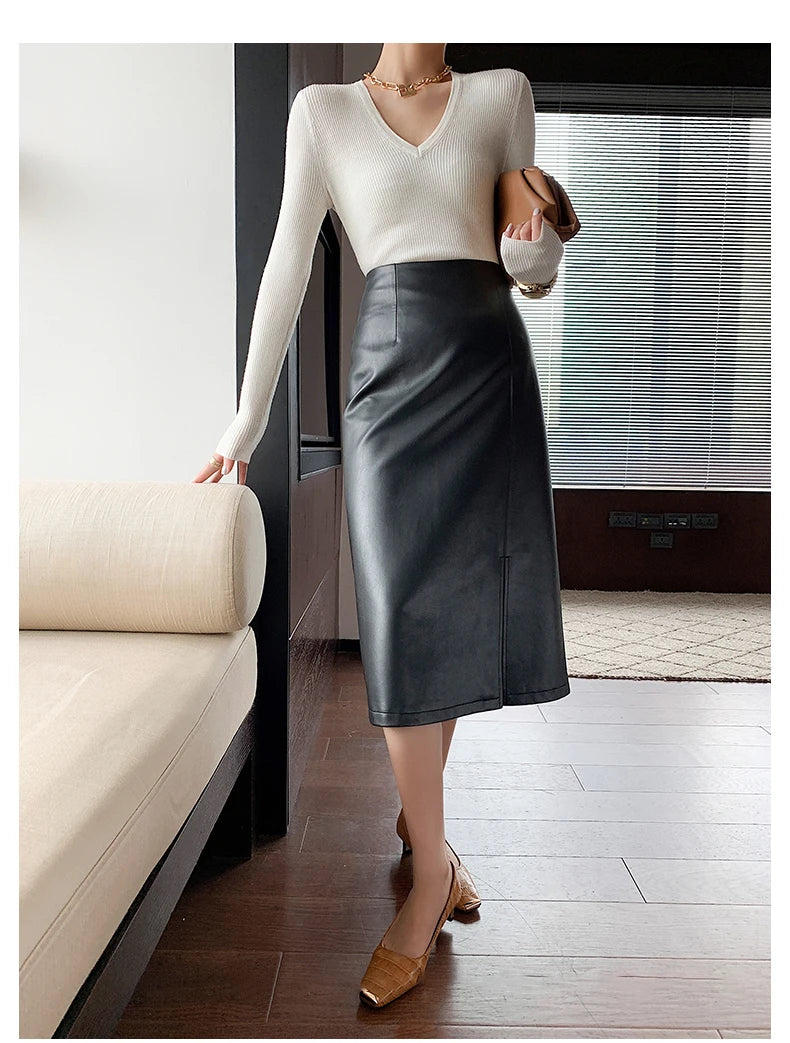 Women Soft Leather High Waist Long Straight Skirt