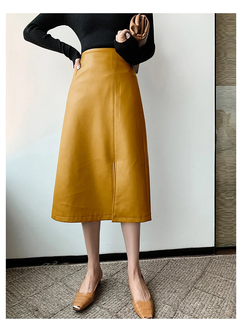 Women Soft Leather High Waist Long Straight Skirt