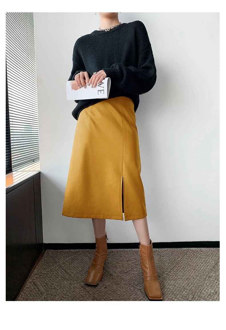 Women Soft Leather High Waist Long Straight Skirt