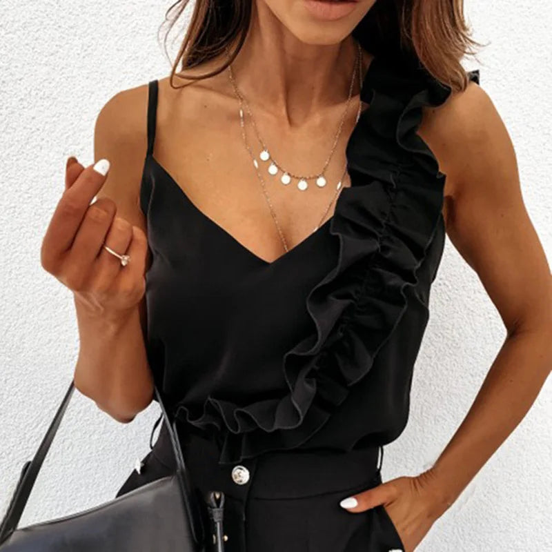 Women Sexy V Neck Ruffle Backless Spaghetti Strap Sleeveless Casual Top